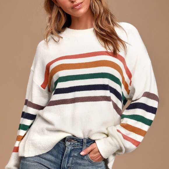 Lulus Heart to Heart Ivory Multi Striped Sweater - Picture 6 of 6